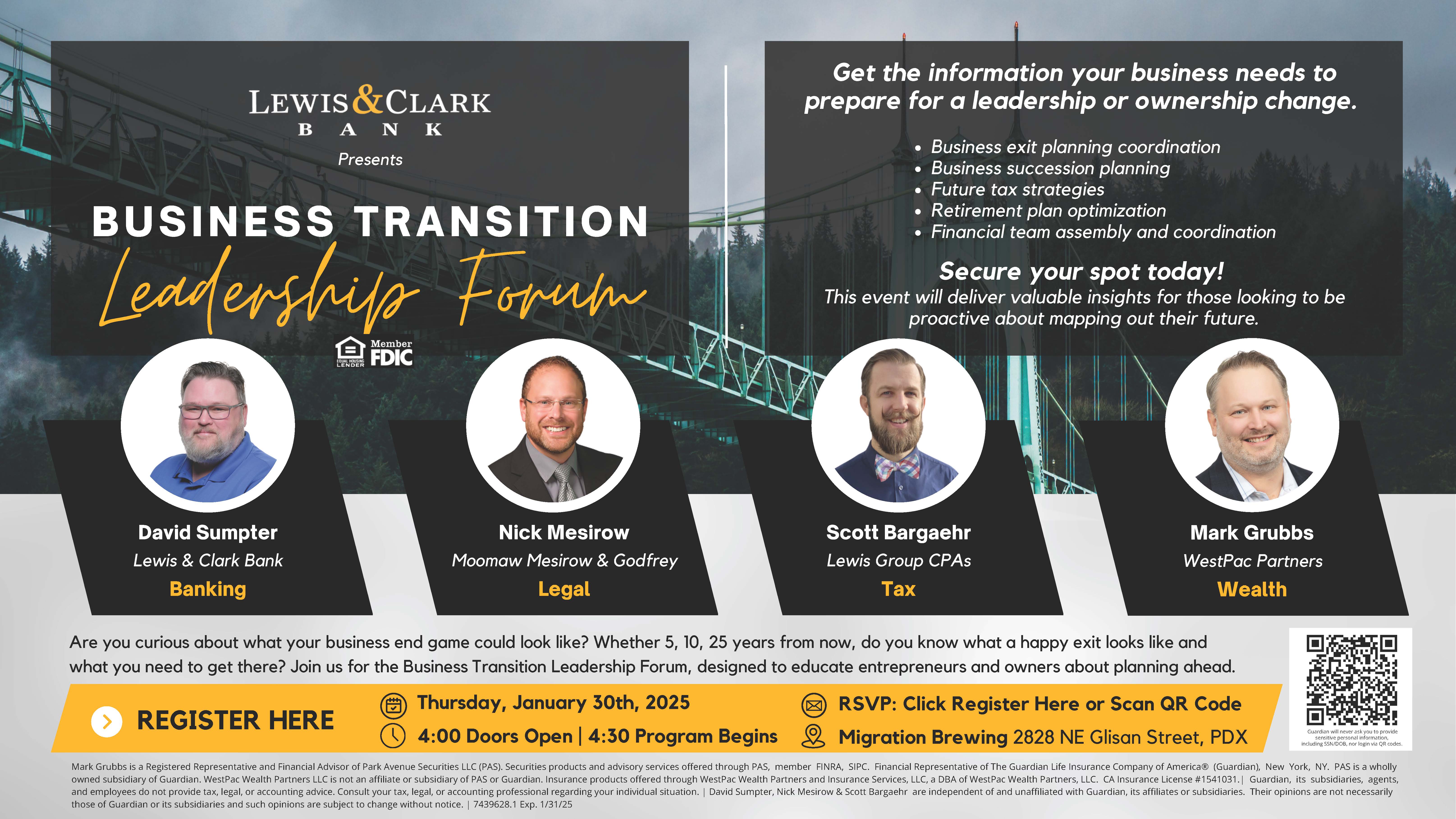 Business Transition Leadership Forum scheduled for 1/30 at Migration Brewing